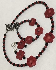 Vintage Genuine Coral Onyx In Sterling Silver  Necklace Bracelet Earrings Set