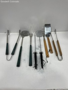Wooden Handle Spatula Fork Tongs 8 Piece Barbecue Grill Tools Set