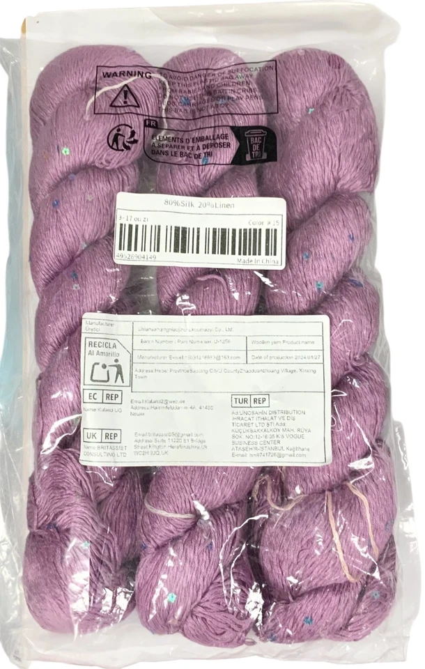 Silk 80% Linen 20% Sequin Yarn 100 G Per Hank Total 300G Soft Warm lavender - Image 2 of 2
