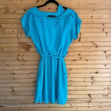 Guess Mini Dress 1980s Style Boxy Pleated Top Belted Women's 6 Turquoise Retro