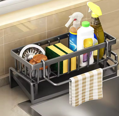 Kitchen Sink Organizer Carbon Steel with Tilted Water Tray Storage Rack