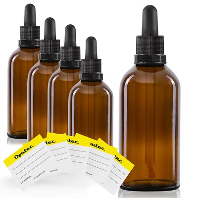 5x 100ml Oputec Pipettenflasche aus Braunglas + 5 Etiketten, Apothekerflasche