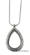 Floating Charm Memory Locket Necklace + Chain Teardrop CZ Crystal Silver Tone