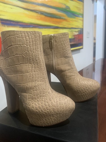 Report Signature Booties Layton Croc Embossed Leather Platform 7 Taupe/Biege