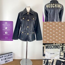 Iconic Vtg Moschino Jeans Leather & Denim Spell Out Back Black Jacket Size 12