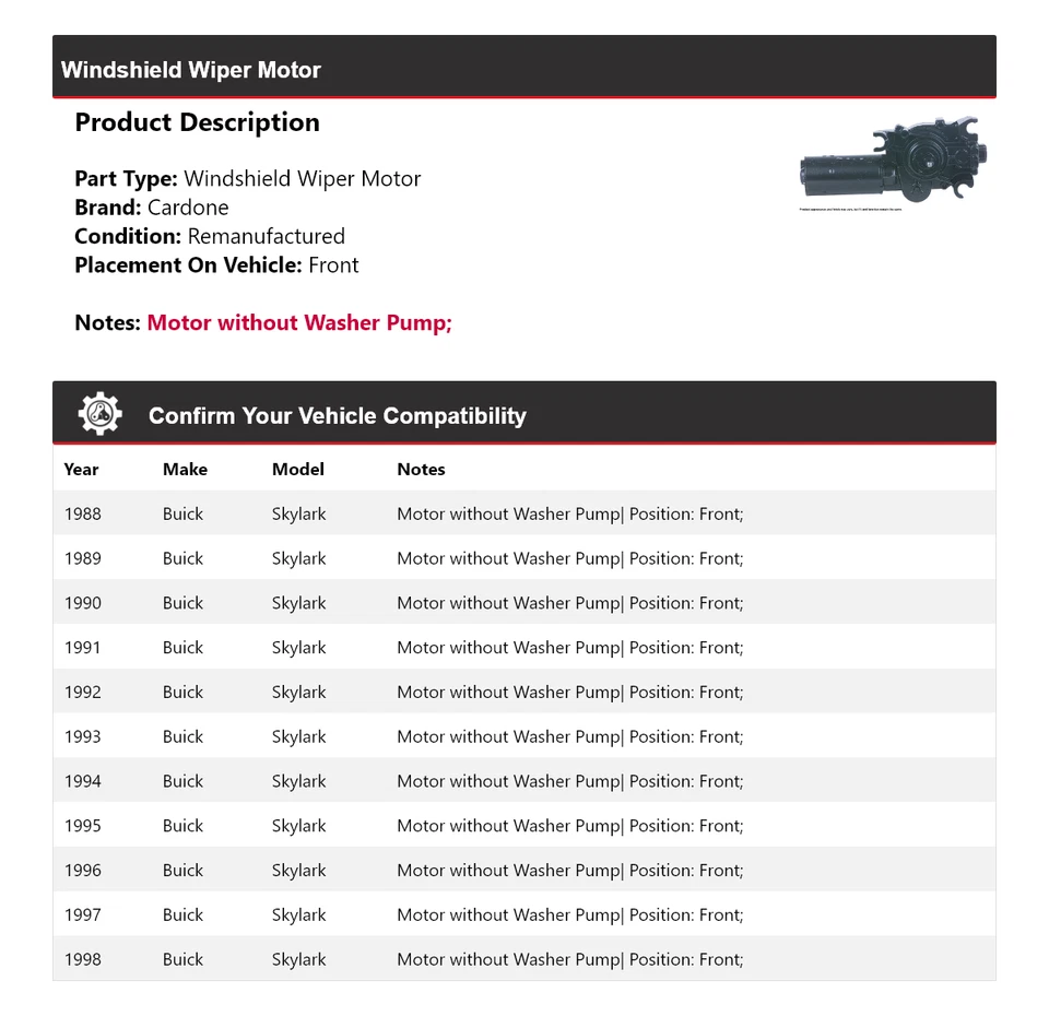 Двигатель стеклоочистителя переднего стекла Buick Skylark 1988-1998 годов выпуска 1989 1990 1991 годов выпуска - Изображение 2 из 4