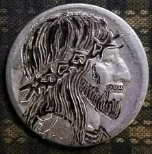 Hobo Nickel hand carved original by J&M Tarantula buffalo nickel as Jesus Christ