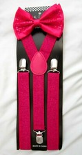 Hot Pink Sequin Pre-Tied Bow Tie and HOT Pink Glitter Adjustable Suspenders-New