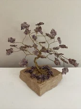 Amethyst Crystal Cluster Tree of Life Art Bonsai Tree 1983 Gold Tone Wire 6”