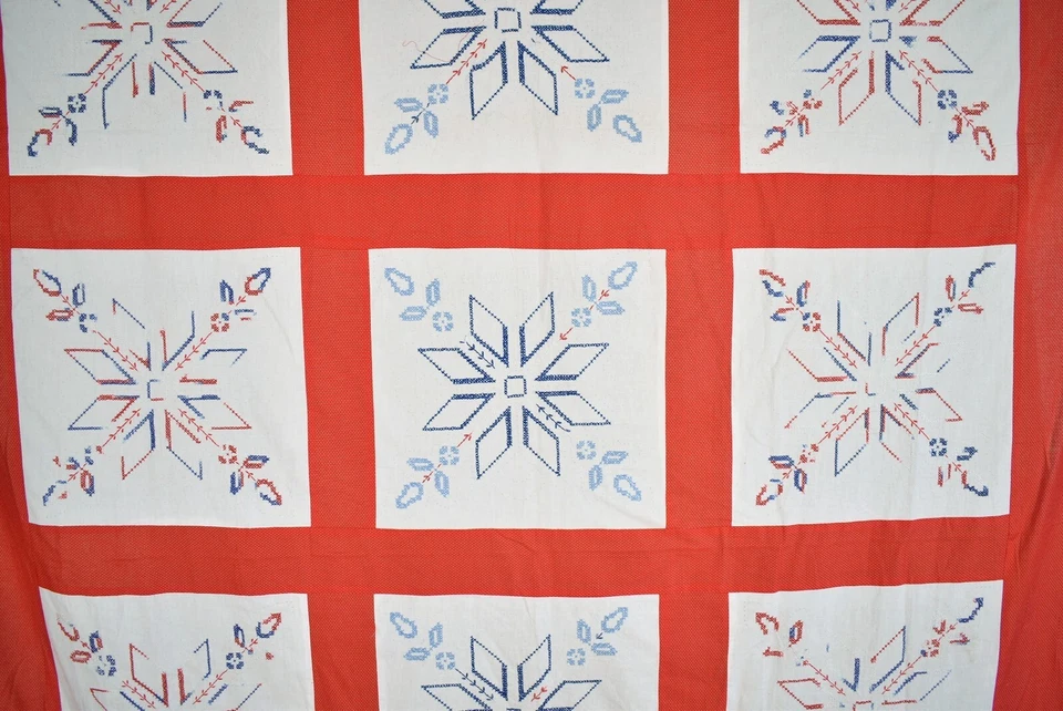 Large Vintage 40's Red, White & Blue Stars & Flowers Antique Quilt Top! - Image 2 of 4