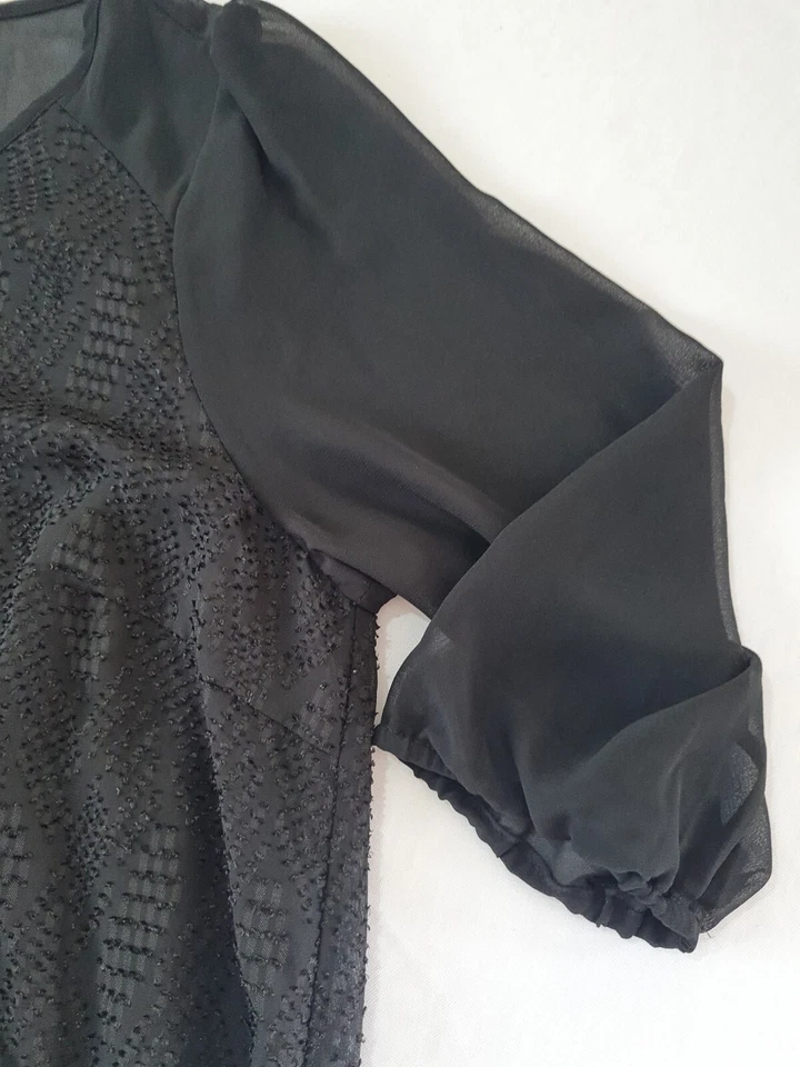 Ladies Blouse BHS Size 18 Petite Black Sheer 3/4 Sleeves Crew Neck 11644 - Image 3 of 4
