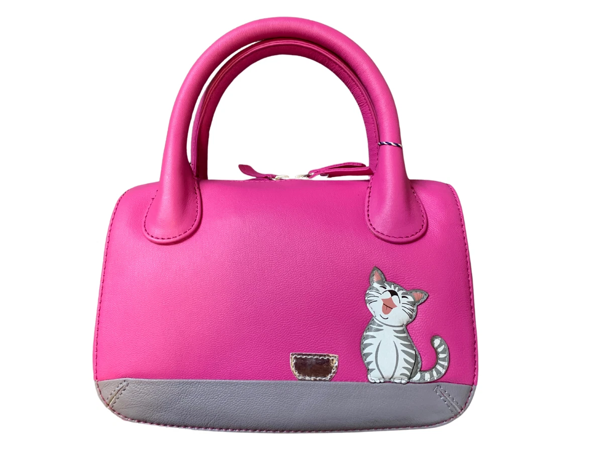 Mala Leather Ziggy Cat Fuchsia Pink Grab handbag Dust Bag Soft Women Zip Small