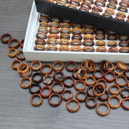 Fashion Natural Wood Band Ring Mix Bulk Jewelry Party Gift Craft Geometric Print - Picture 2 of 14