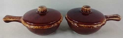 2-HULL Brown Drip Covered Soup Chili Crock with Handle and Lid Ovenproof USA