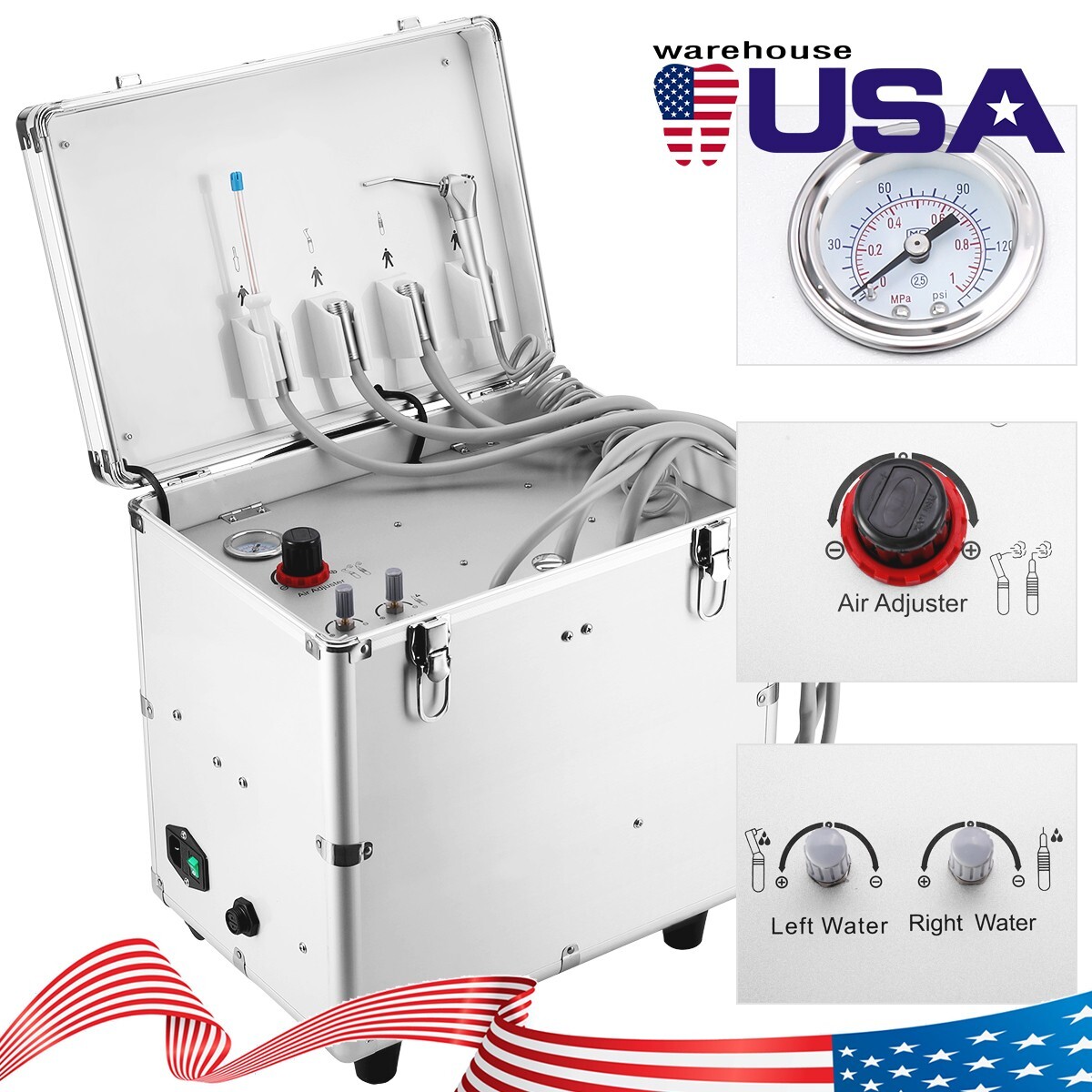 Portable Dental Mobile Delivery Unit Rolling Case Air Compressor Suction 4 HOLES