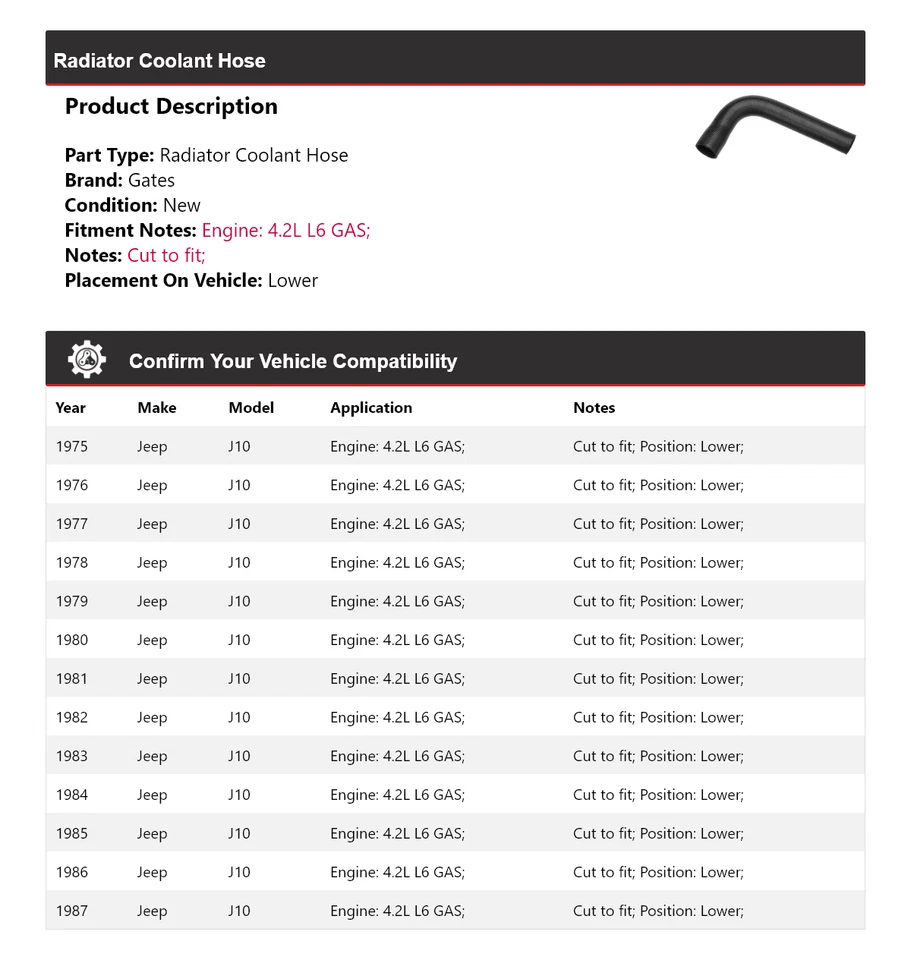 For 1975-1987 Jeep J10 4.2L L6 GAS Radiator Coolant Hose Lower Gates 1976 1977 - Image 2 of 4