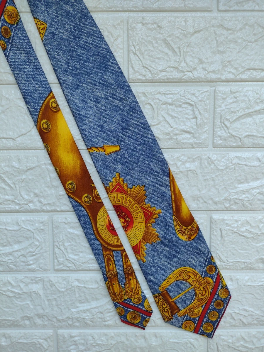 EUC Rare Men's ATELIER GIANNI VERSACE Silk Blue Jeans Tie Black Label Couture