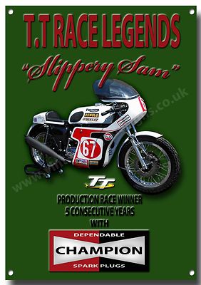 I.O.M TT RACE LEGEND ''SLIPPERY SAM''  MOTORCYCLE METAL SIGN.(A3) SIZE.VINTAGE.