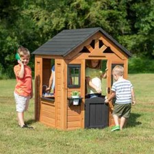 Indoor Outdoor All Cedar Wooden Kids Playhouse with Play Sink, Kitchen, Cooktop