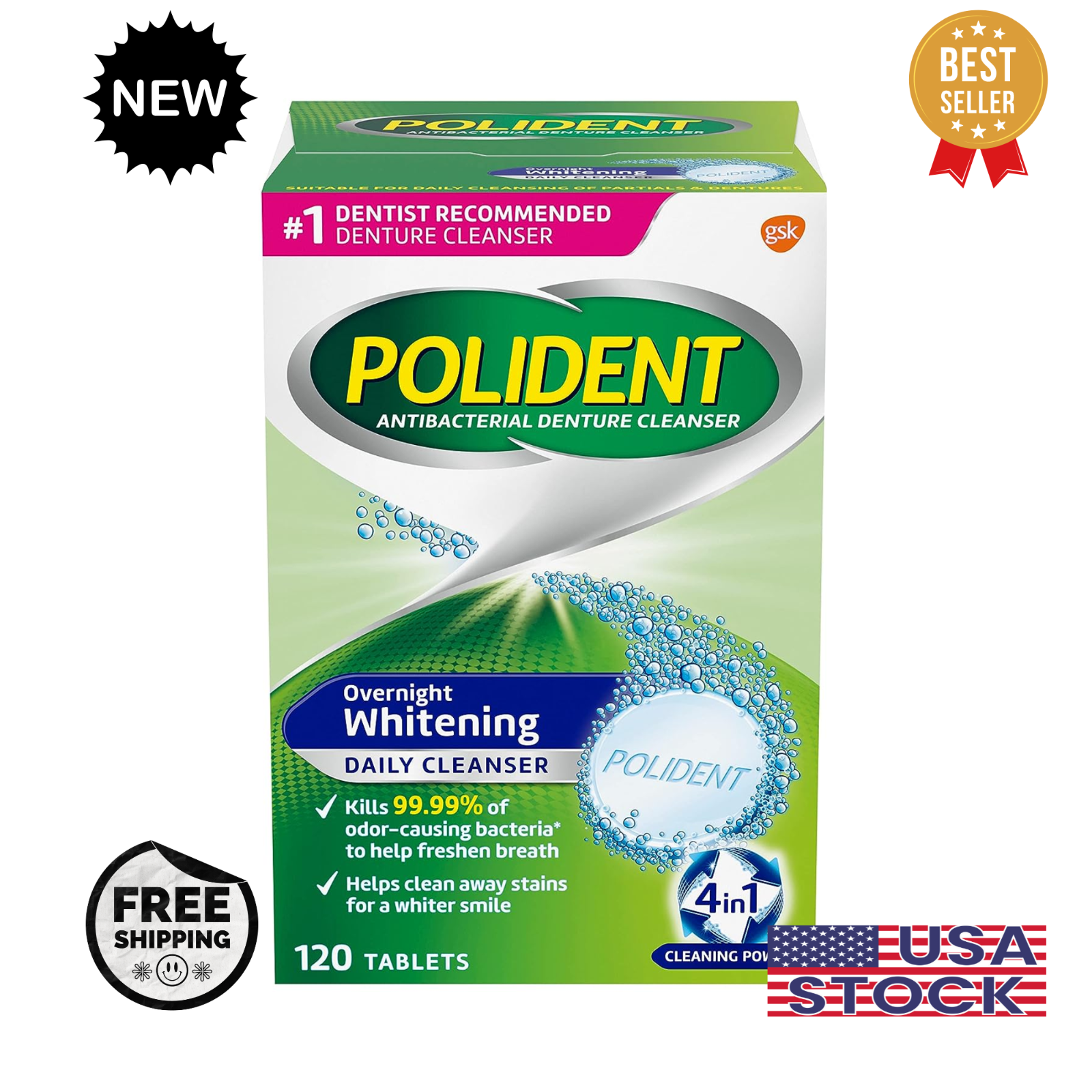 Polident Overnight Whitening Antibacterial Denture Cleanser Tablets