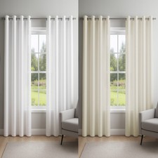 Pair of Ready Made Lined Voile Eyelet Ring Top Curtains. Cream Or White