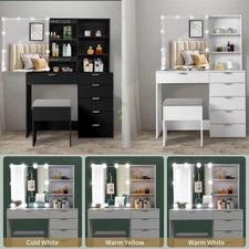 Modern 6 Drawers Vanity Makeup Table with 10 Led Lighted Mirror Sliding Cabinet