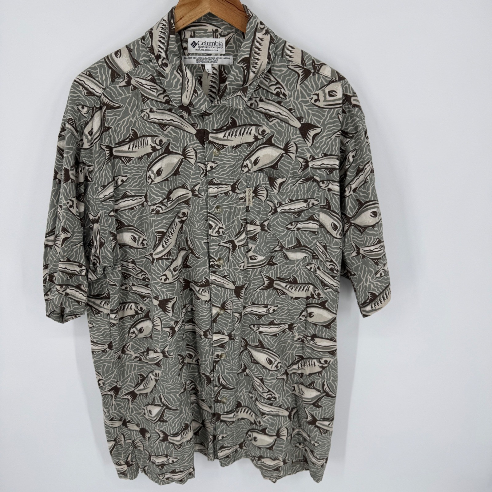 Vintage Columbia Sportswear Mens Large Fish Print Button Up Shirt Short Sleeve image 2