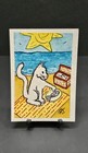 ACEO Original Art 2.5X3.5 Trading Card Actually Cats White Cat & Fish At Beach — photo 1