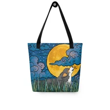 Tricolor Corgi Dog Moon Tote Bag 15x15" Art Reusable Bag Night Sky Design