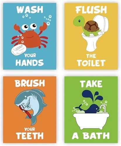 Kids Bathroom Wall Art Prints - Cute Sea Life Themed Animal (8"x10") UNFRAMED - Imagem 2 de 4