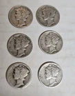 Lot of 6 Mercury Dimes 1919?,1940x2,1943x2,1945 90% Silver! Lower Grade