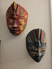 Vintage Hand Carved Indonesian Batik Wooden Cloth Mask Bali Cultural Wall Decor
