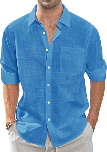 Linen Button Down Shirt for Men - Summer Casual Long Sleeve with Chest Pocket - Picture 17 of 50