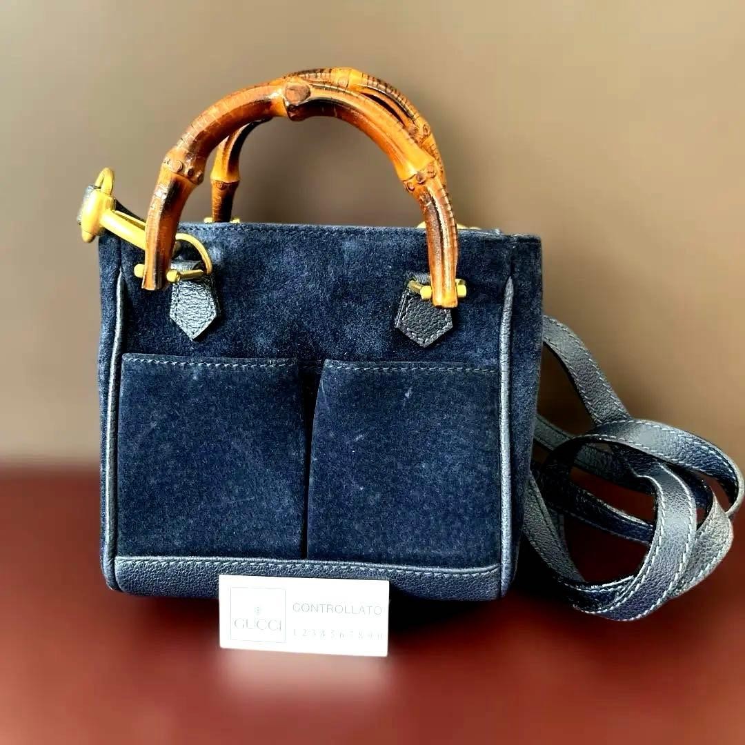 GUCCI Bamboo Mini 2Way Suede Crossbody Bag Navy Authentic Women's Handbag