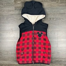 Disney Mickey Mouse Kids Red Buffalo Plaid Hooded Puffer Vest Ears Size 6 Unisex