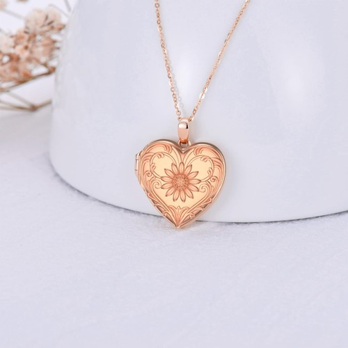 10K Solid Rose Gold Sunflower Heart Locket Necklace That Holds 2 Picture,Your... - Picture 2 of 6