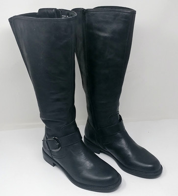 David Tate Women's Black Leather Riding Boots 7M Stretch Wide Calf Knee High Zip