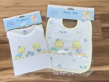 Vtg NEW 2p PRECIOUS MOMENTS Baby Yellow BIB  T-SHIRT 0-3m LAYETTE Boys Girls