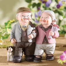 Happy Couple Walking Dog Garden Ornament Weather Resistant Resin Figure