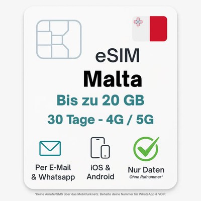 Malta eSIM Datentarif digitale e SIM - per Mail- ohne Telefon Nummer