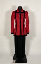 1990s Oscar de la Renta skirt jacket set, red black, velvet stripes size 4 VG