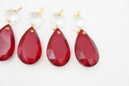 4 Vintage Art Deco Red and Clear Crystal Teardrop Prisms With Octagon Crystals - Picture 4 of 8