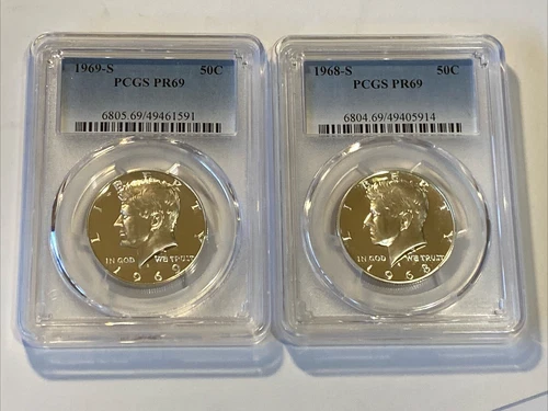 1968 & 1969-S 50C Kennedy Half Dollar PCGS PR69 Two Coin Lot