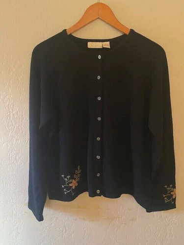 J. Jill 100% Wool Beautiful Embroidered Black Sweater Cardigan Women's LARGE