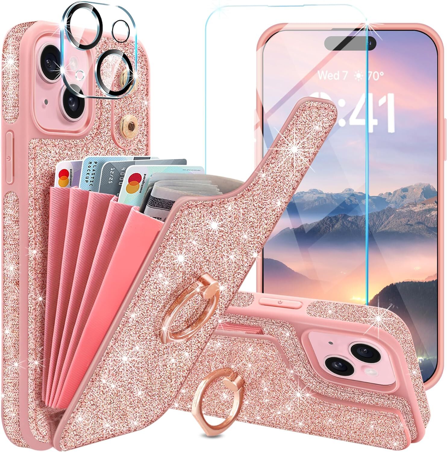 For iPhone 15 Case Wallet with Screen Protector Camera Lens Protector Glitter-image