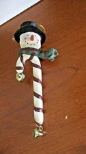 SNOWMAN HEAD on CANDY CANE with BELLS 6" Christmas Ornament
