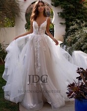 2025 Timeless Beaded Ivory Blush Lace Wedding Dress Bridal Gown 2-28W Volants