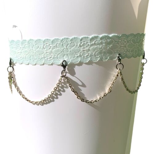Sexy Blue Floral Lace Lingerie Thigh Garter Belt W/ Silver Chain & Tree Of Life - Picture 3 of 8