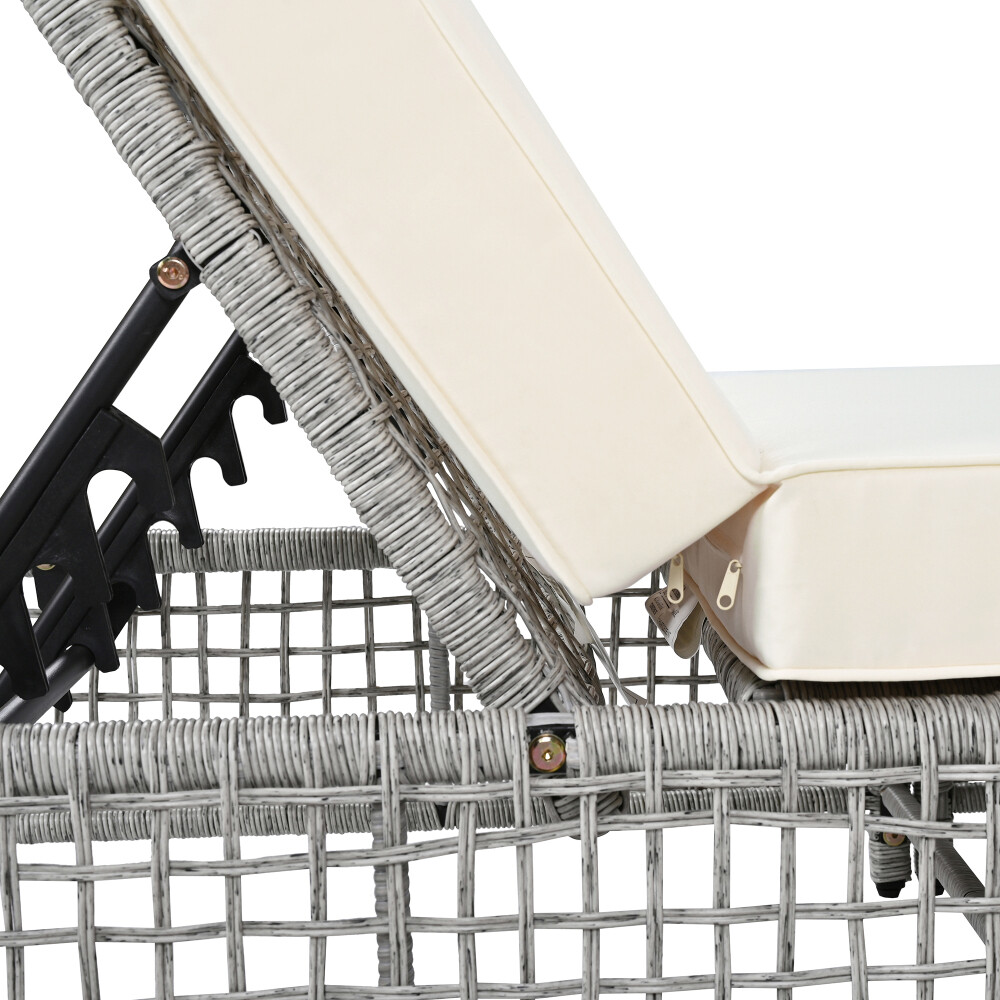 Rattan Outdoor Lounge Chair Set of 2 w 5-Position Backrest & Cushion, Grey+Beige