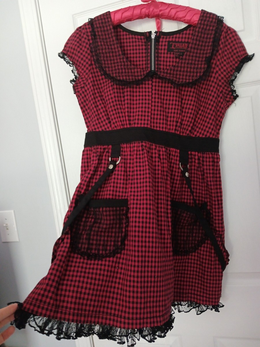 open lace back dress Red Gingham Short Cottagecore Dress with Short Sleeves– PromGirl main image 0